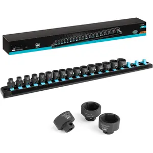 3/8" Drive Stubby Impact Socket Set, Low Profile Impact Sockets, 19-, Metric, Size Covers 6-24mm, Cr-Mo Steel, Organized in  Storage Rail