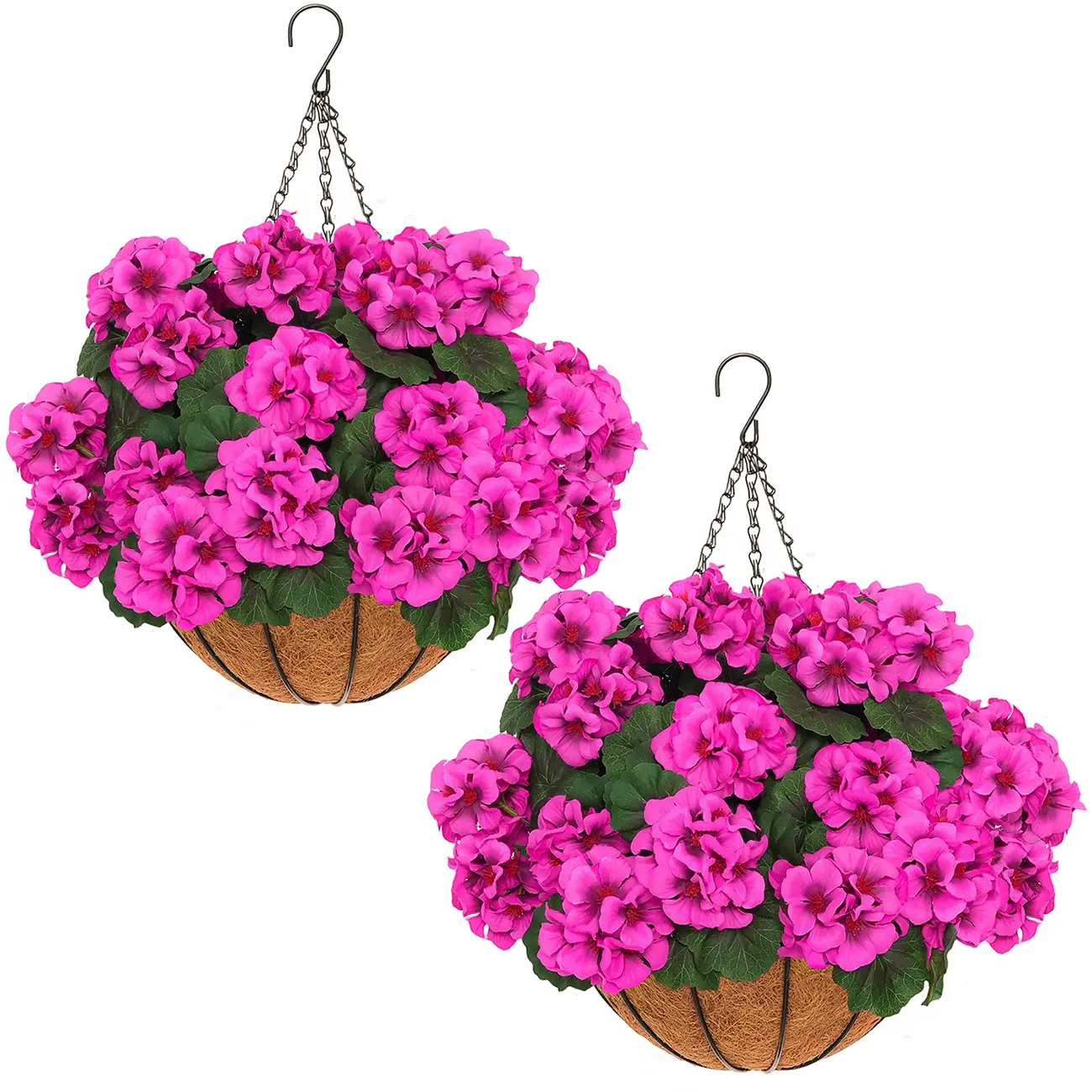 2Pcs Pink Artificial Geraniums Hanging Basket, 12 Bundles UV Resistant Fake Flowers, All-Season No Fade Spring Summer Decor for Patio Porch Balcony Summer Vibes