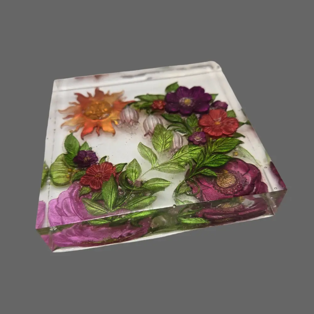 Floral Paperweight - Compact Clear Resin Paperweight with Delicate Cast Flower Images for Organized Papers and Elegant Workspace Decor