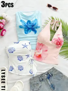 Women's Vacation Style Fitted Tank Top Set, Blue Floral Tank, Shell Strap, Peony Flower Neckline, Casual Beachwear, Boho Fitted Sleeveless, 3 Piece Set