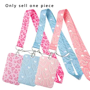 Simple Pink Heart Pattern Lanyard Keychain ID Credit Card Cover Pass USB Mobile Phone Charm Gym Neck Straps Badge Holder Women Key Holder Accessories Wristlet Keychain Lanyard Cute Keychain Stylish Keychain