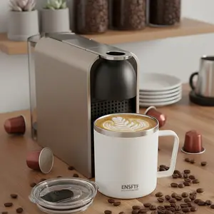 ENSFTF Coffee Cup with Handle, Food Grade Stainless Steel Material, Unbreakable, Reusable, Double Wall Vacuum Sealed, Dual Mouth Design, Dustproof Lid, Keeps Beverages Hot or Cold for 6 Hours, Suitable for Car, Office, Camping, Travel, Splash Proof Insula