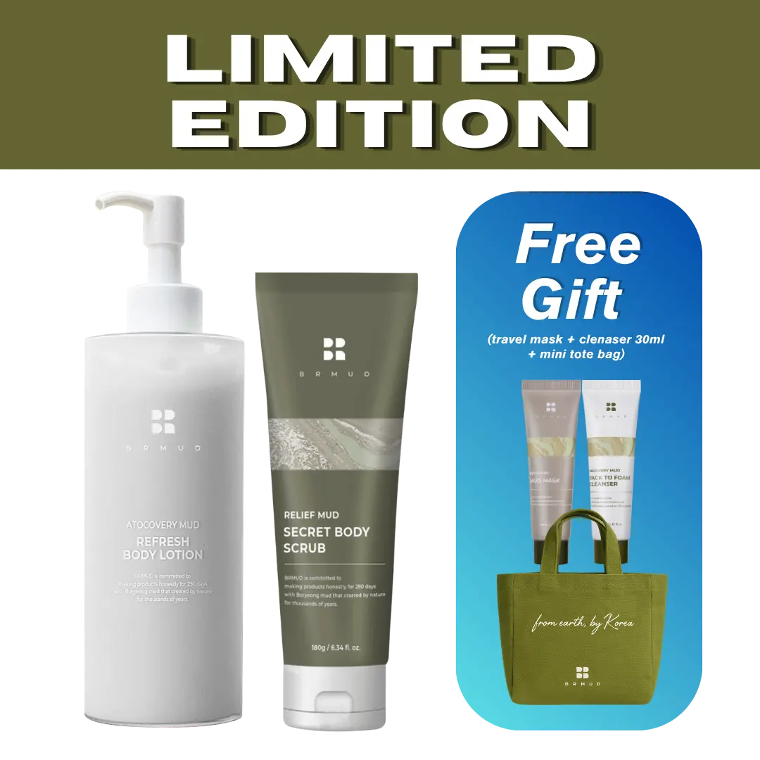 [Official Shop] BRMUD New Exfoliating Body Care Bundle – Secret Body Scrub 180g + Hydrating Body Lotion 300g with Travel Mud Mask, Pack to Foam Cleanser & Mini Eco Bag