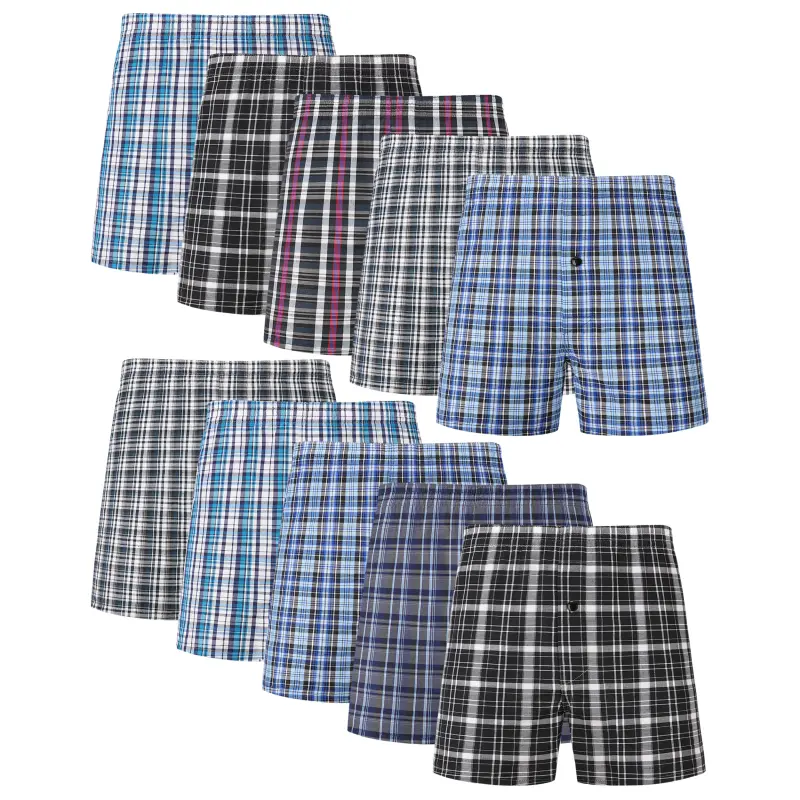 JupiterSecret 10-Pack Men's Plaid Woven Boxer Shorts Underwear, Soft Breathable Cotton Blend, Button Fly, Elastic Waistband, Assorted Colors