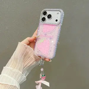 Starry Strawberry Protective Phone Case with Detachable Bow Charm, Fits iPhone 14/15/16/17 Pro/Pro Max, Valentine Gift, Girl-Heart Style, Accessories