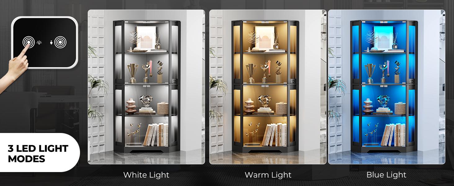 MIIFUNY Corner Display Cabinet with Glass Doors, 65" Lighted Curio Cabinet with 3 Color Lights for Collectibles, Toys, 4-Tier Showcase Display Case with Human Body Sensor for Living Room, Black