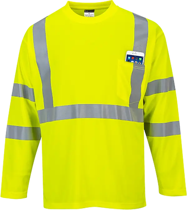 CE Certified Workwear T-Shirt for Men, EN ISO 20471 High Visibility Menswear, Long Sleeve with Pocket, Moisture-Wicking & UPF 50+, Reflective, Breathable, Crew Neck, Reflective Strips, Pocket Detail, High Visibility Leisurewear, Workwear Look, Quick Dry,,