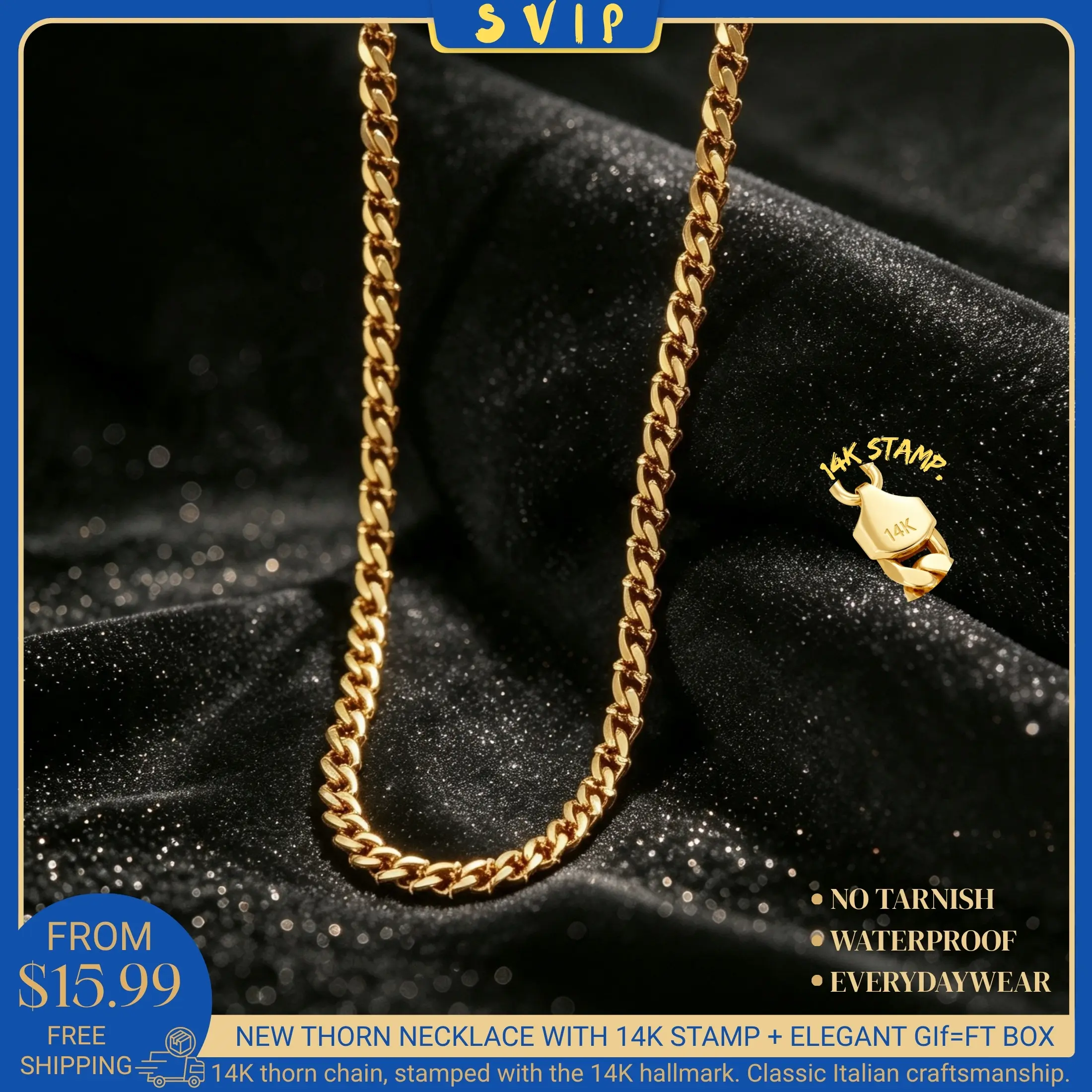 14K Gold-Plated Diamond Cut Thorn Link Chain Necklace, Upgraded Craft, Faceted Cut, Tarnish-Free Nanotechnology Coating, 6mm/8mm Width, 20"/24" Length, Fashion Pendant Necklace, Father's Day Gift, Hip Hop Jewelry, Waterproof, Unisex, Iced Out Bling