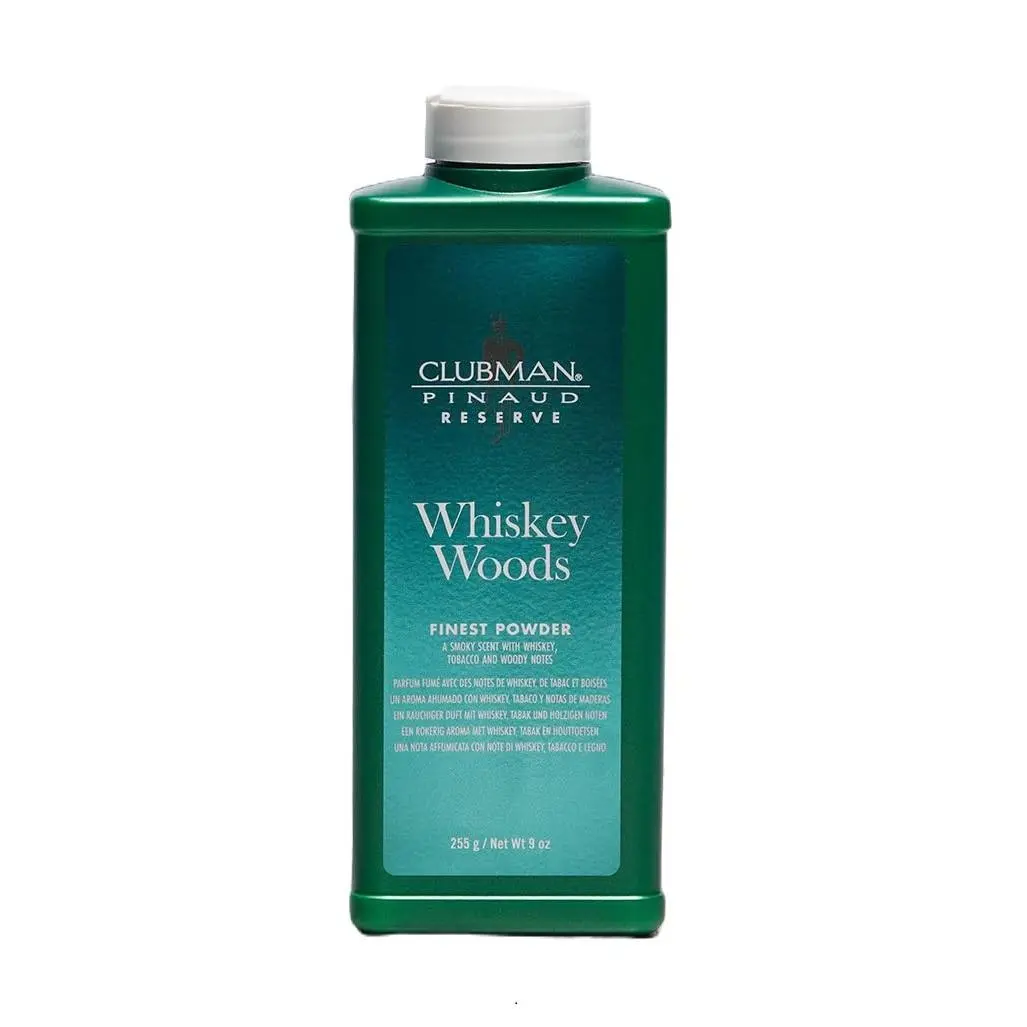 Clubman Reserve Whiskey Woods Body Powder for Men, Controls Odor and Prevents Chafing, Keeps Skin Dry, 9 oz, Anti-Perspiration, Body Care, Cosmetic, Fresh, Natural Starches, Normal, Fine Powder, Body Dusting Powder, Sweat Absorbing Powder