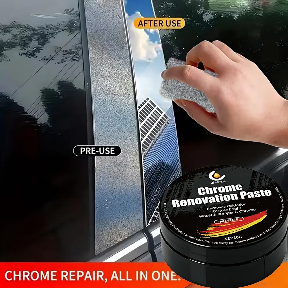 Chrome Repair Paste for Cars, Universal Metal Oxidation Restorer, Polishing Solution for Door Handles, Windows, Bumpers, Professional Results, Durable Formula, Chrome Renovation Paste, Polished Chrome