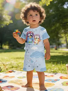 Pilot Bluey and Bingo Cloud Print Toddler Short Sleeve Set, Baby Casual Kids' Clothing, T-Shirt Suitable for Daily and Outdoor Sports, 100% Polyester, Perfect Gift for Toddlers!