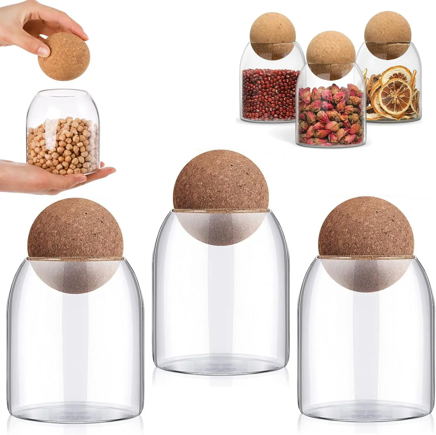 3 piece 16oz Clear Decorative Glass Jars with Cork Ball Lid Decorative Round Bottle Sealed Canister Jar for Coffee Station