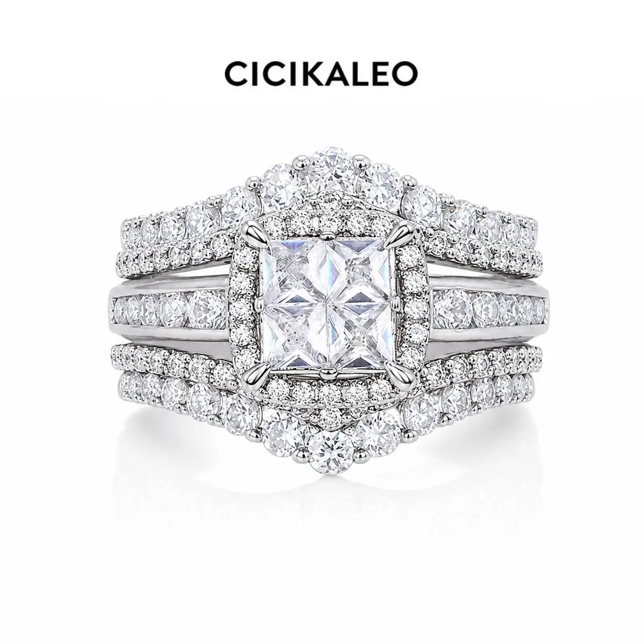 CICIKALEO S925 Sterling Silver Princess Cut Ring Set for Women, 3-Piece Cubic Zirconia Halo Engagement Ring with Stackable Wedding Bands, Promise Anniversary Bridal Jewelry Gift for Her