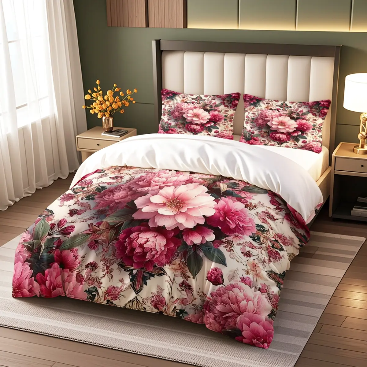 Large Flower Print Bedding Set (1 Fitted Sheet + 2 Pillowcases), Romantic Luxurious Style, Soft Comfortable, Master Bedroom Decor, Soft Bedding Sets