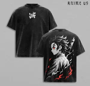 Infinity Castle x Tanjiro Kamado x Demon Slayer Anime T-Shirt Washed Vintage Manga Graphic Shirt, Japanese Streetwear Apparel, Flame Sword Top