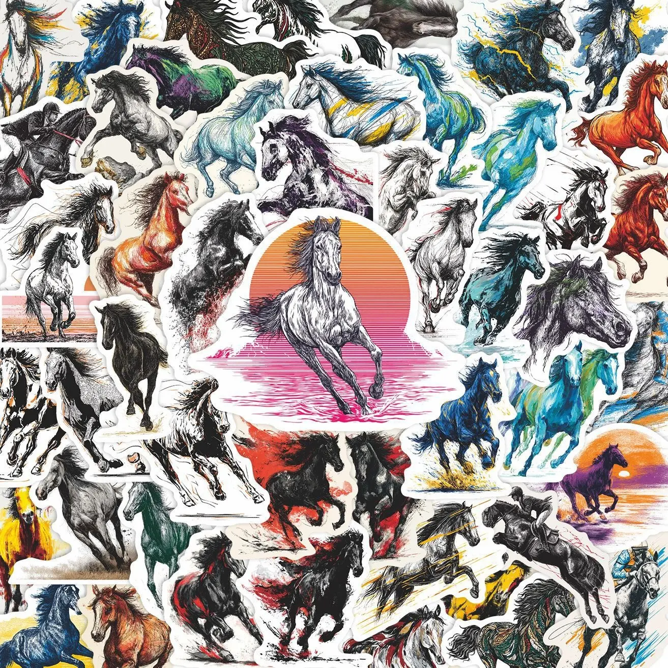 56Pcs Wild Horse Mustang Stickers Pack, Waterproof Western Aesthetic & Colorful Galloping Horse Vinyl Decals for Laptop, Water Bottle, Helmet & Journal, Horse Lover Gift