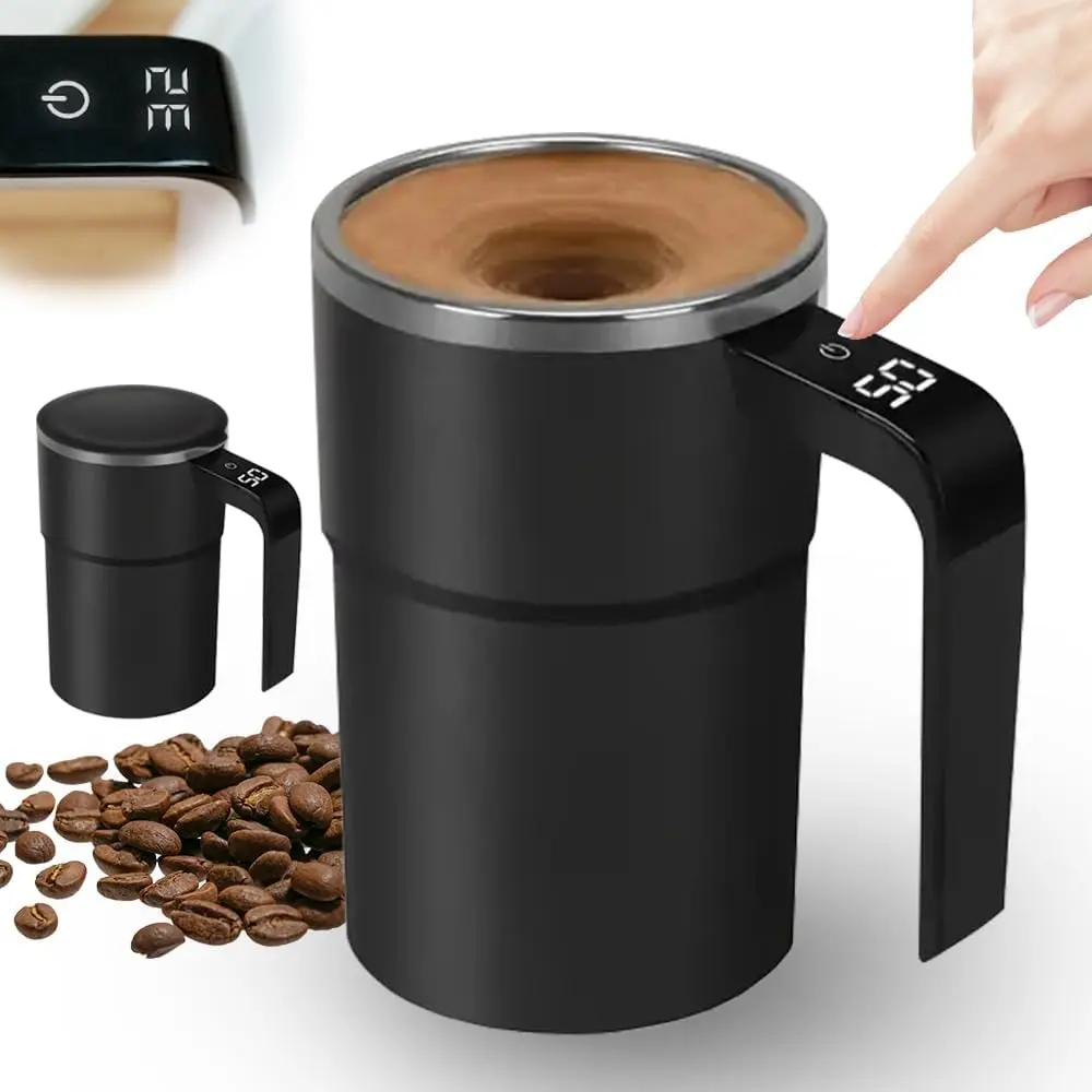 Automatic Magnetic Stirring Coffee Mug with Temperature Display USB Rechargeable 304 Stainless Steel Spill-Proof Portable Cup Perfect Gift for Coffee Lovers