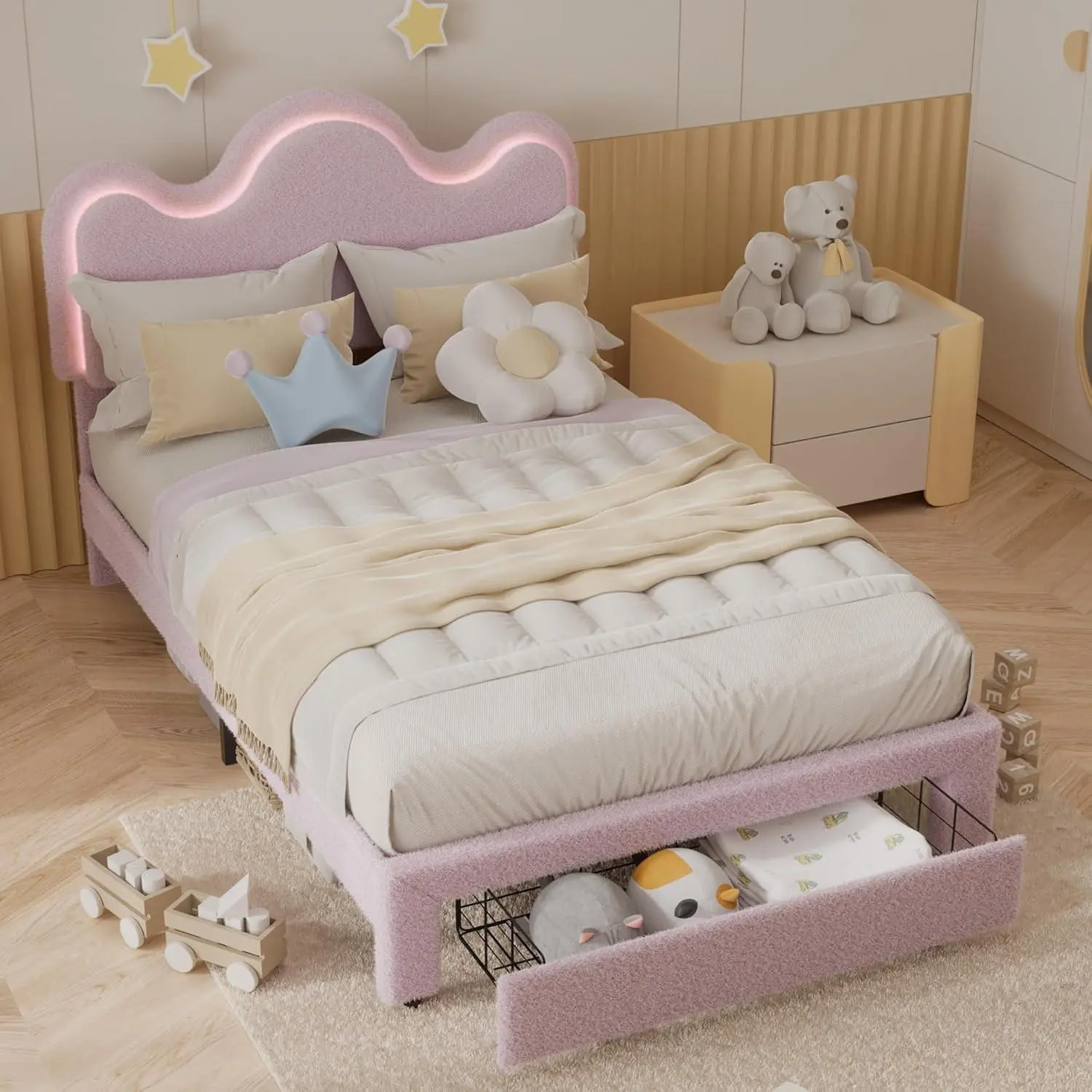 Full Bed Frame with Adjustable Upholstered Headboard Girls Boucle Platform Bed Frame with Storage Drawers Princess Bed Frame for Kids Strong Wood Slat Support No Box Spring Needed Easy Assembly Pink