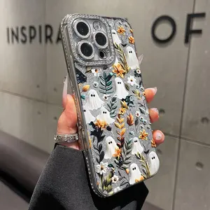 Bright Diamond  Cute Ghost Flower lens film Halloween Phone Case for iPhone 17 Air 16Pro Max 15 14Plus 13 12, Fashion, Shockproof, drop-proof, scratch-proof, protective and durable mobile phone case, silicone protective cover, Gifts for girls.HY27