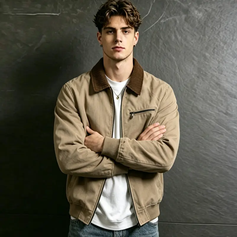 New for Autumn Men’s Workwear Jacket – Corduroy Collar Zip Casual Functional Outerwear, Retro Trendy Street Style Flight Jacket, Suitable for Everyday Wear