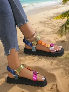 Women's Summer Colorful Fashion Thick Sole Sandals, Strappy Summer Sandals, Tie Dye PU Leather, Metal Buckle, Breathable Outdoor Roman Shoes, Lightweight Comfort