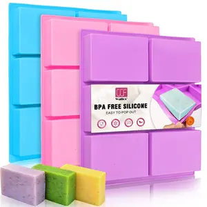 Walfos Silicone Soap Molds Set of 3, 6 Cavities Rectangle Silicone Soap Molds for Homemade Craft Soap Mold, Cake,Chocolate ＆ Ice Cube Tray（Blue & Purple ＆ Pink）
