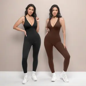 Women's Ribbed Fabric Smooth Compression High-Waisted Bodysuit, Deep V-Neck Shapewear with Built-In Chest Support, Double-Layer Removable Cups, Lightweight Tummy Control Sculpting Breathable Sports Jumpsuit
