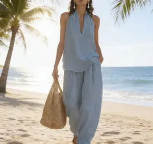 2026 Women's Sleeveless V-Neck Halter Top & Wide Leg Pants Set, Summer Casual Chic Two Piece Outfit for Vacation, Beach & Daily Wear