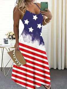 American flag/Independence Day themed. Fashionable women's casual sleeveless sundress with American flag print, made of stretchy summer fabric, suitable for everyday wear and comfortable, Casual Beach Sundress, Womenswear