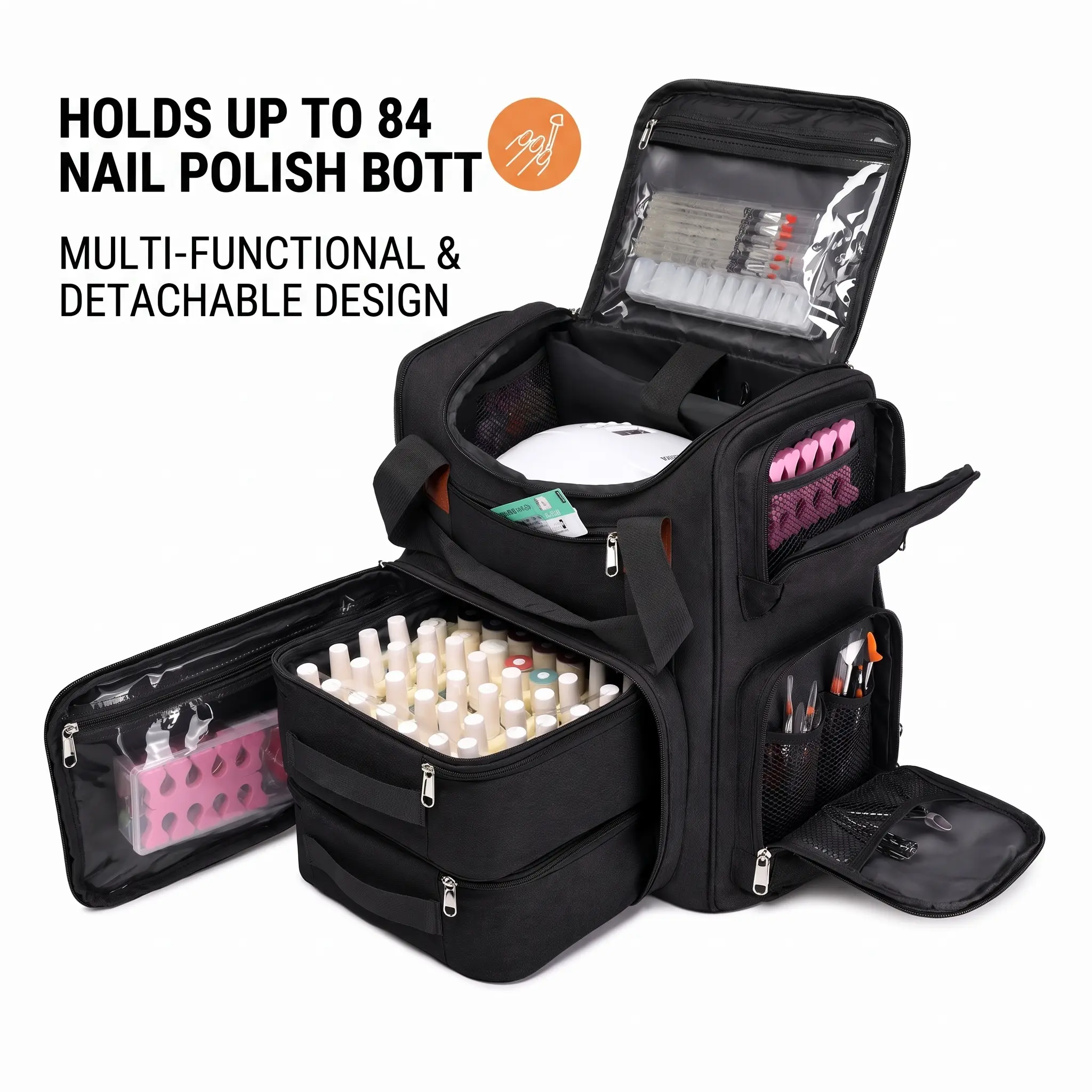 ROSIOUR Professional Nail Technician Carry Backpack - Multi-Functional Oxford Fabric Organizer with 84 Nail Polish Bottle Capacity, 26.5L Volume, 2 Removable Pull-Out Drawers, Wide Opening, Adjustable Dividers (Multi-Functional Backpack)
