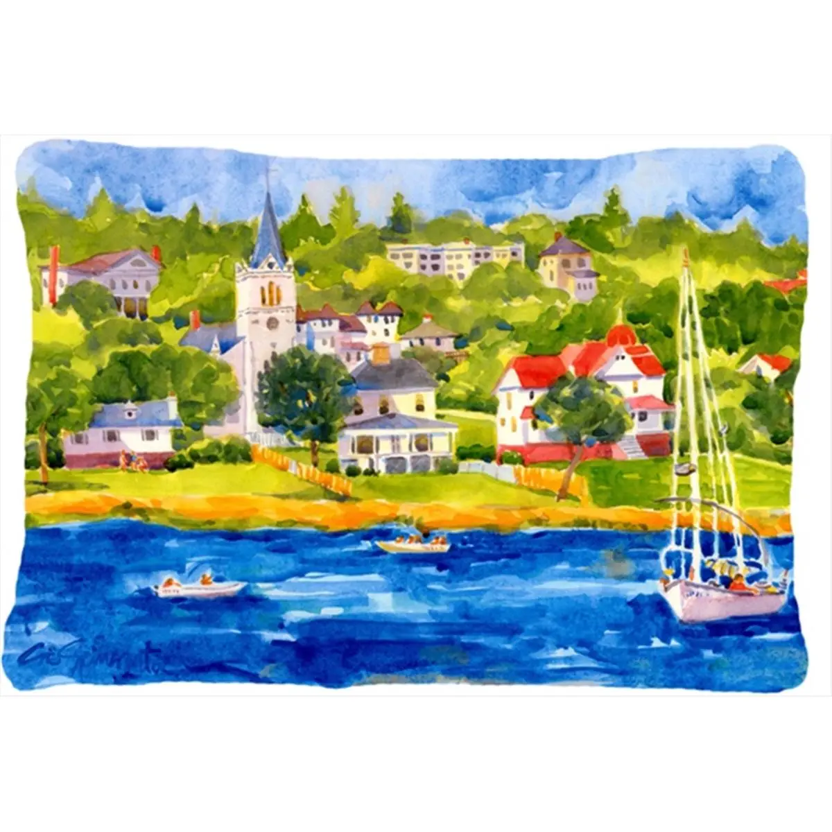 Seascape Standard Pillow, Harbour Scene with Sailboat Design, Indoor & Outdoor Decorative Fabric Pillow - 12x16 in, Seascape Standard Pillows