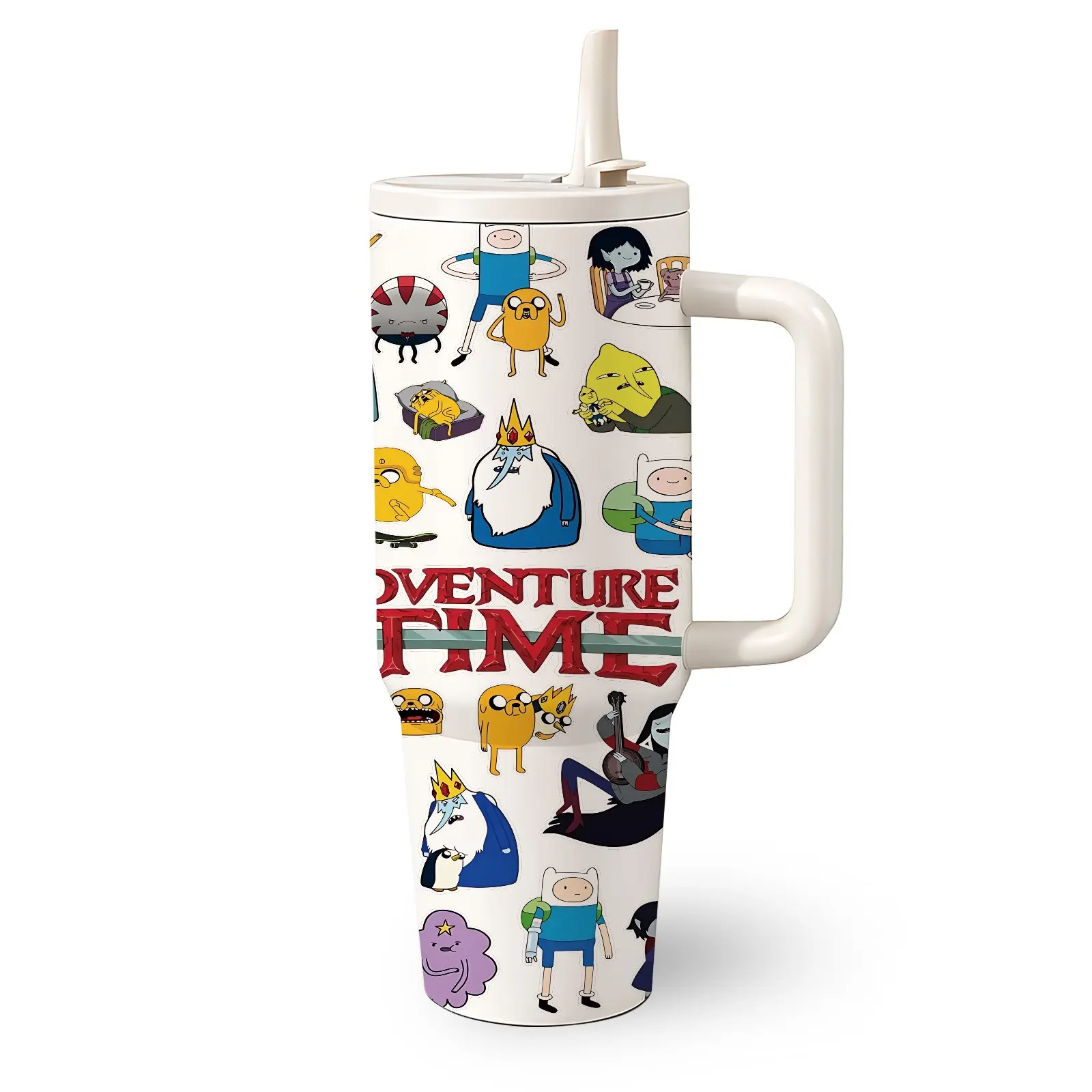 1 Pc 40 Oz Stainless Steel Water Cup, Vacuum Insulated Tumbler, Flasks, with Handle and Foldable Straw, Adventure Time Character Collage Design, Hot 12H/ Cold 24H, Father's Day, Birthday or Holiday Gift