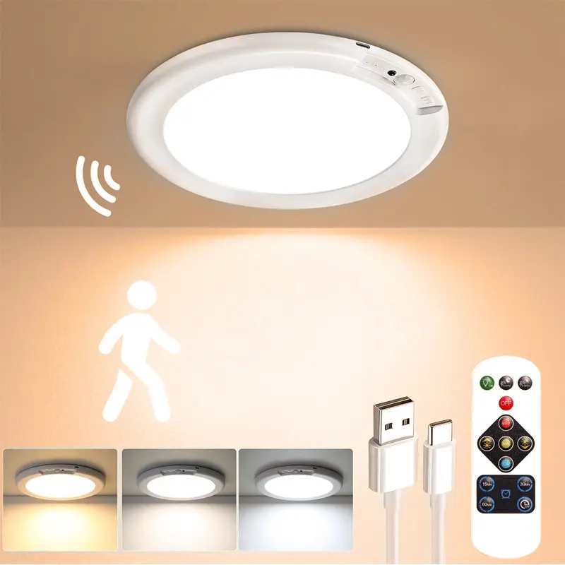 Rechargeable Motion Sensor Ceiling Light with Remote - Ultra-Bright, Ultra-Thin Magnetic Suction Wireless Battery Operated Ceiling Lighting for Closet, Stairs, Shed - Easy Installation