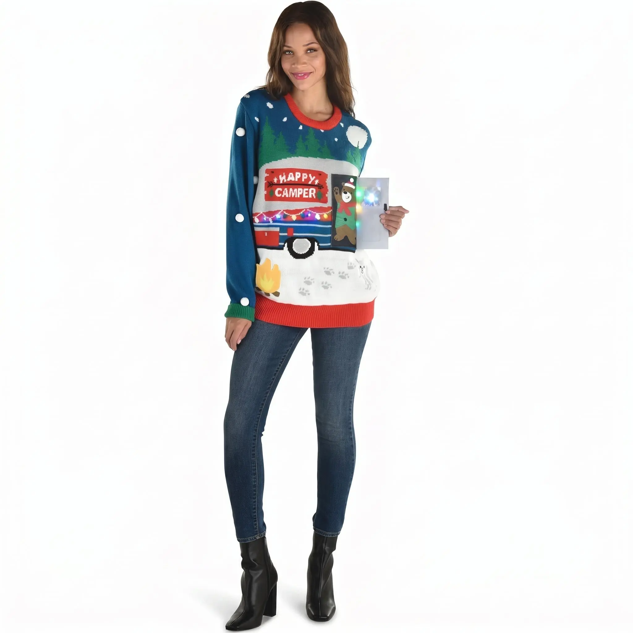 Ugly Christmas Sweater Women Pullover - Light Up Happy Camper Interactive Holiday Sweater with LED Lights, Bear Flap, 3D Details - Adult S/M