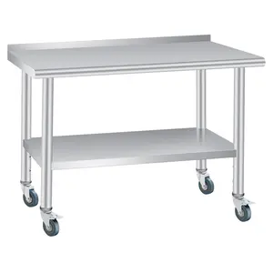 Stainless Steel Prep Table, Multiple Sizes, with Backsplash, Adjustable Undershelf and 4 Caster Wheels, Commercial Heavy Duty Table with Adjustable Under Shelf for Outdoor Use,Restaurants,Hotels,Works