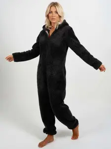 Women's Fall Winter Fleece Lined Plush Jumpsuit Onesies, Hooded Sleepwear Homeewear, Long Sleeve Plain Design, Comfortable and Cozy