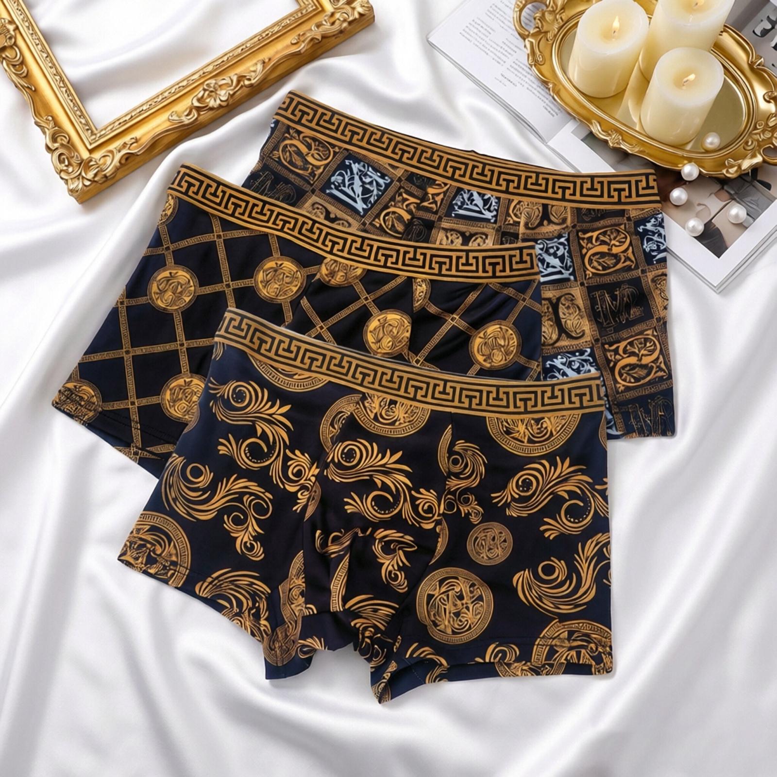 5 Pack Men's Black & Luxe Gold Printed Boxer Briefs - Breathable Elastic Soft All-Season Underwear Fabric Stylish