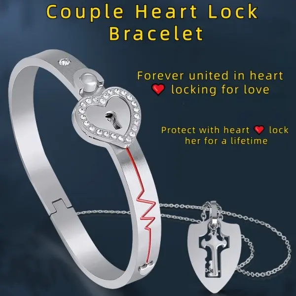 Elegant Unisex Heart Lock & Key Jewelry Set - Durable Stainless Steel Bangle, Necklace with Romantic ECG Line Design, Synthetic Fashion Accessory, Heart Lock Bangle, Anniversary Valentine's Gift