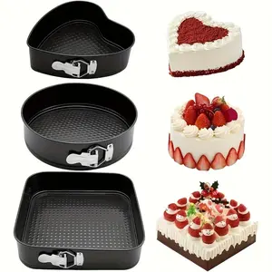3-Piece Cake Mould Set Heart Round Square Non-Stick Carbon Steel Leakproof Detachable Base for Cheesecake Cakes Desserts Baking Pan