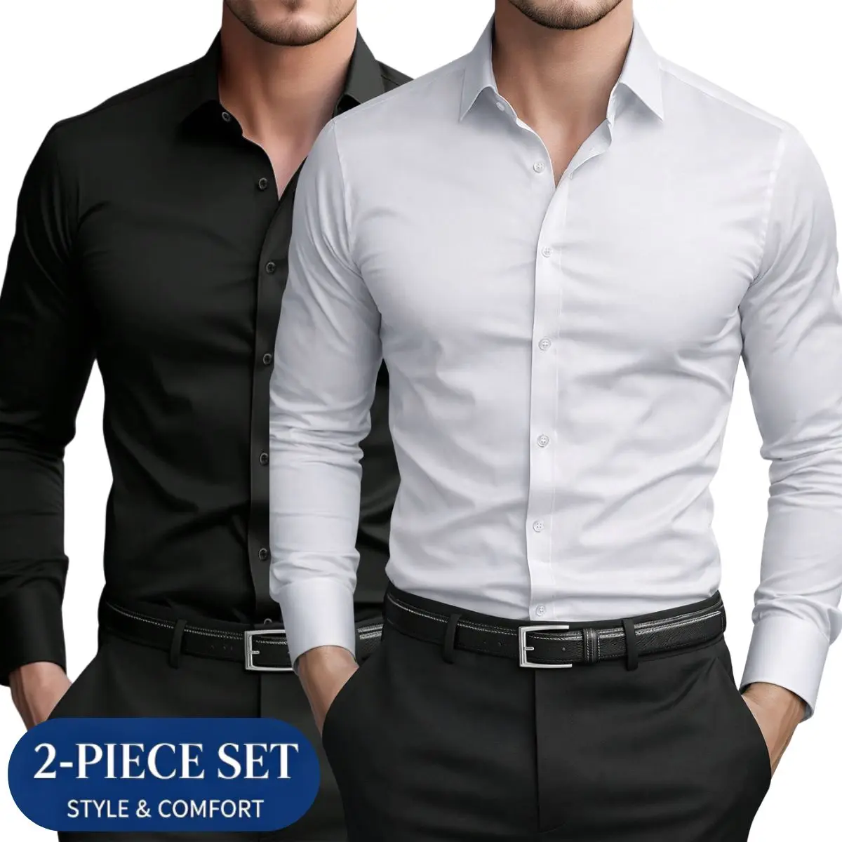 Men’s solid-color slim-fit long-sleeve shirt two-piece set — business casual, versatile black-and-white shirt set