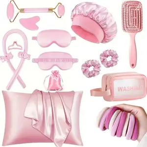 23-pcs Sleep Hair Tools Gifts For Teen Girls, 8-Piece Pink Satin Pillowcase Sleep Set WithPillowCase, Scrunchies, 24 PSleep Mask, Headband, Hair Clip AndQuartz Roller, Teenage Girl BirthdayGifts For Sister And Wome