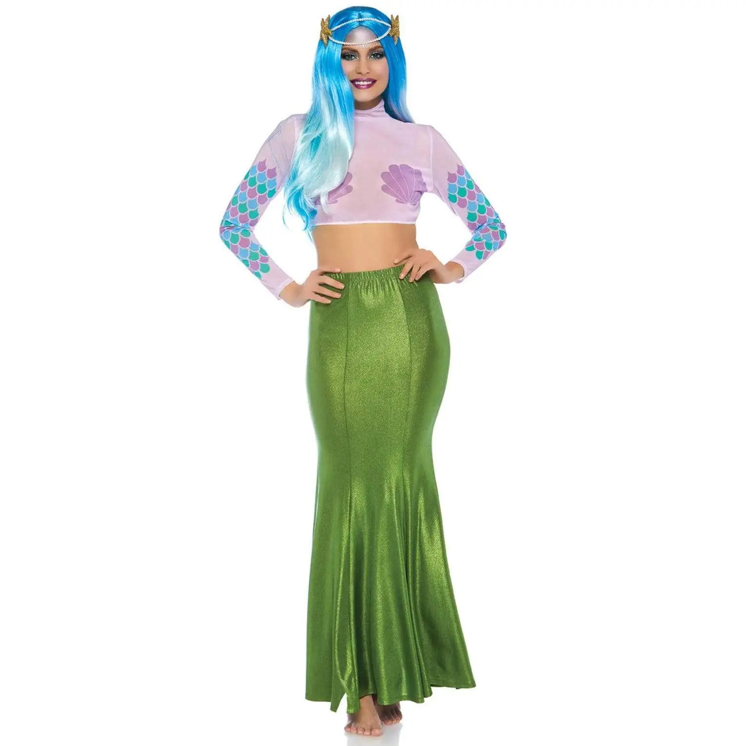 Women's High Waist Shimmer Spandex Mermaid Cosplay Maxi Skirt - Premium Stretchy Fabric, Modest Full-Length Bottom, S/M/L Sizes, Halloween Wear, Shell-Inspired Mythical Costume, Mermaid Pearl Starfish Headband Included