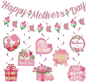 Happy Mother's Day Decorations, Mother's Day Banner Garland with Hanging Swirl Decorations, Pink Floral Mom Party Decor Set for Ceiling Home Party Backdrop Celebration
