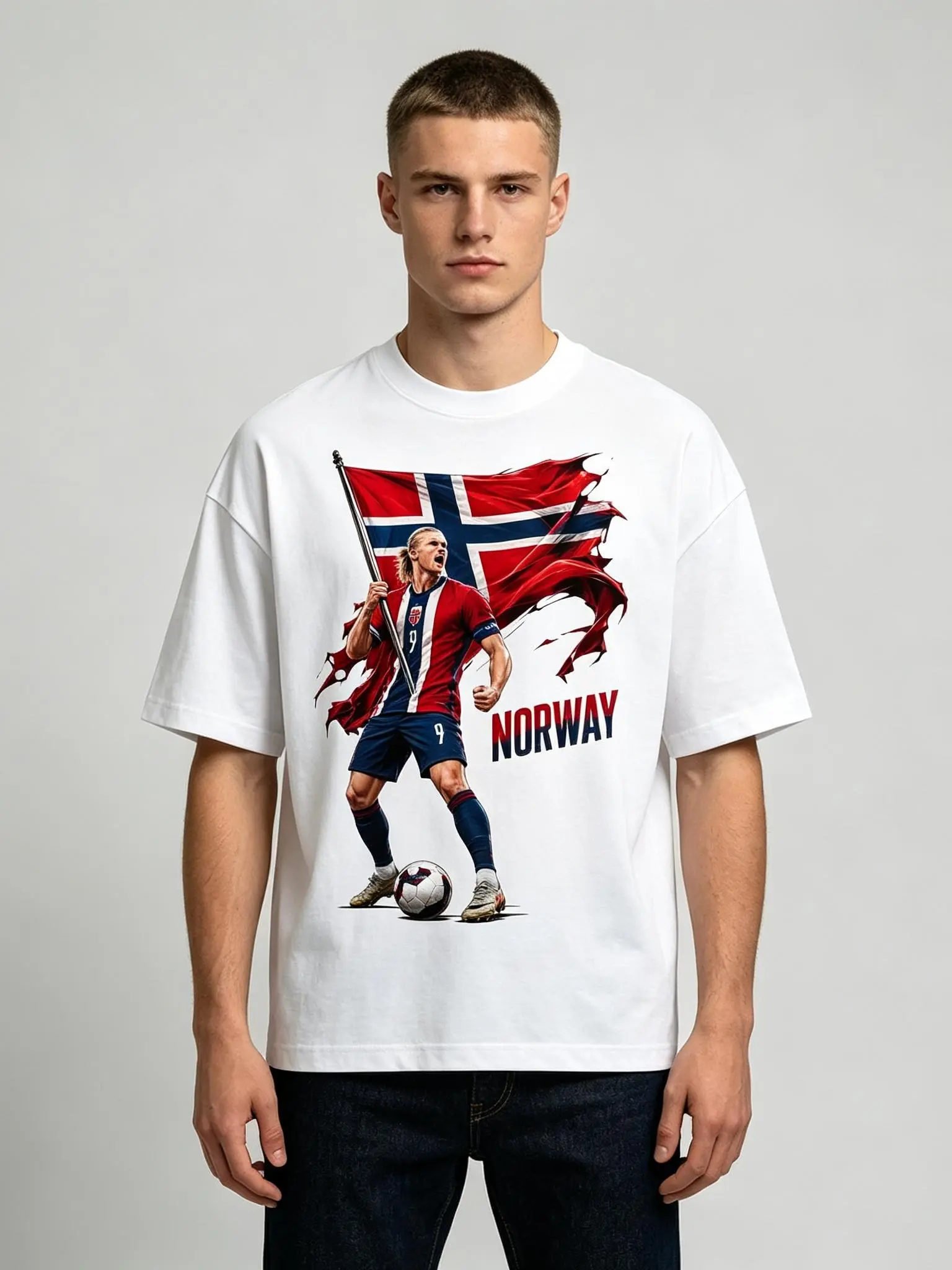 Norway Soccer Cotton Tee T-Shirt with Flag Design and Player Graphic for Erling Haaland Fans