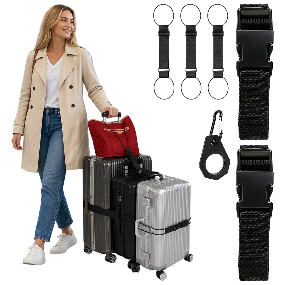 Pack of 6 Adjustable Luggage Straps for Suitcases, Connect Suitcases Connect up to 3 Suitcases and Carry-on with Elastic Rope, Sturdy 600D Polyester Straps with a Buckle a Bottle Clip