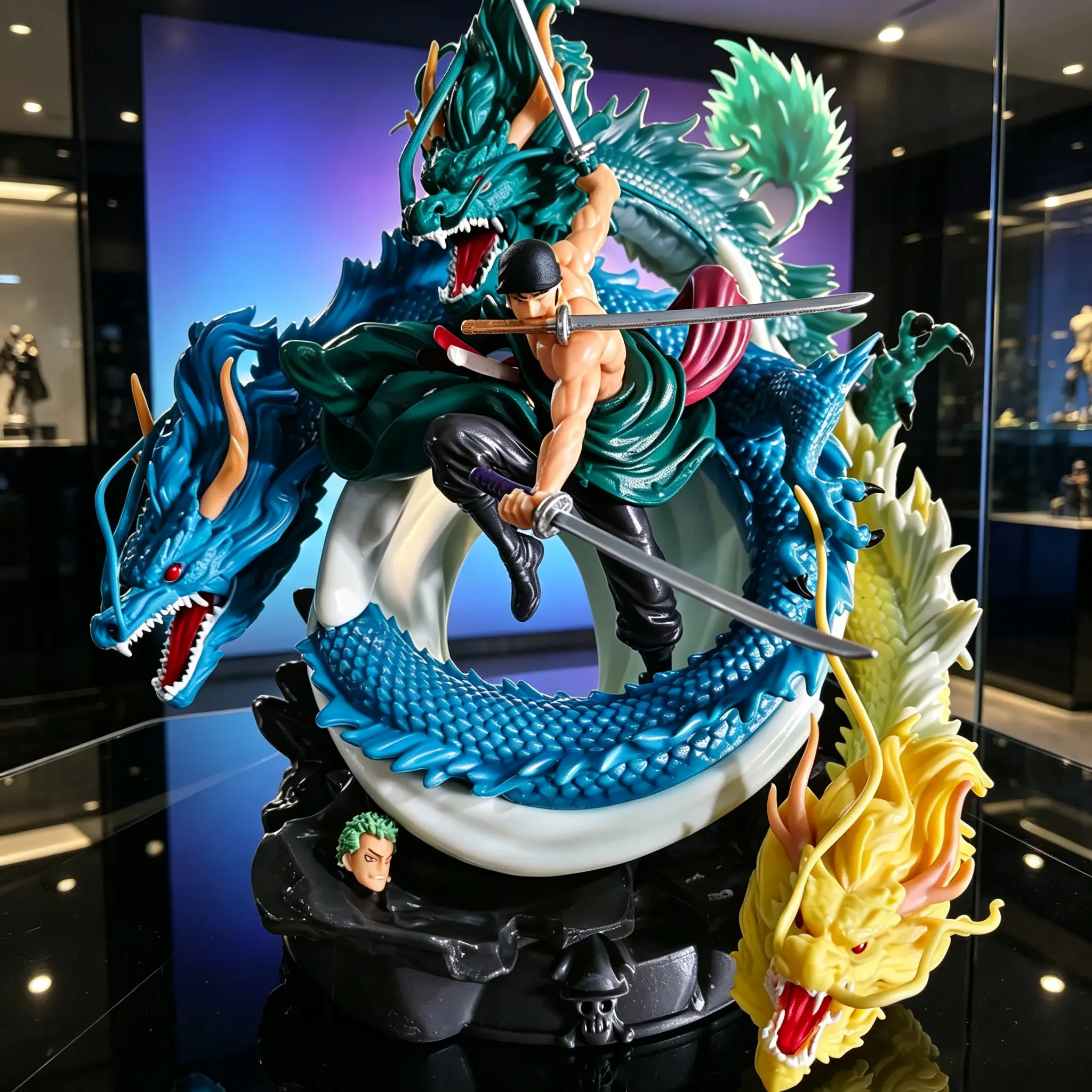 Anime Warrior with 3 Dragons Collectible Figurines - Boxed Model, Desktop Decor, Home Decor Sculptures, Fan Gift.