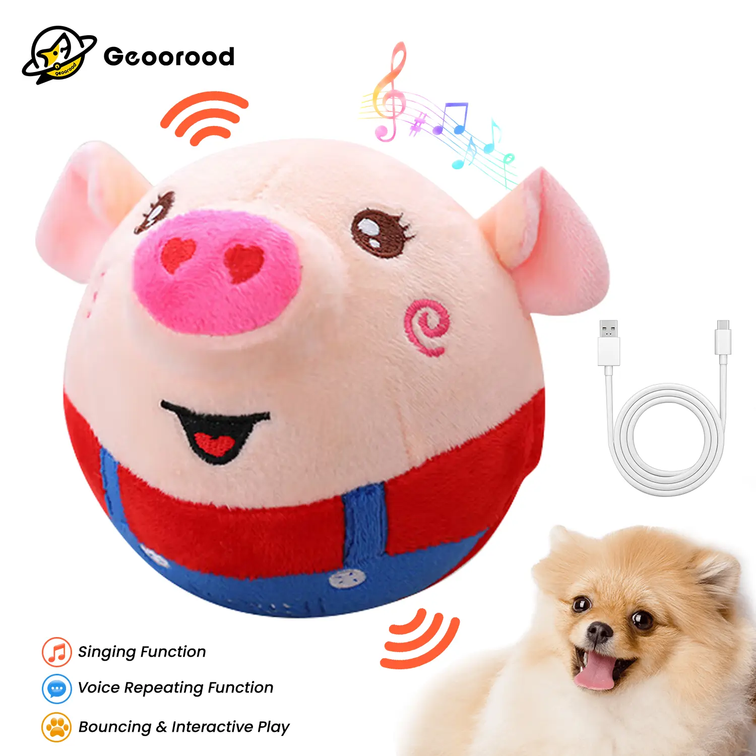 Geoorood USB-Rechargeable Interactive Pig Plush Ball Dog Toy for Small-Medium Dogs - Automatic Rolling, Shaking, Singing, Voice-Repeating, Removable Easy-to-Clean Cover, Companionship Toy (Red/Blue) - Use 5V 1A Charger