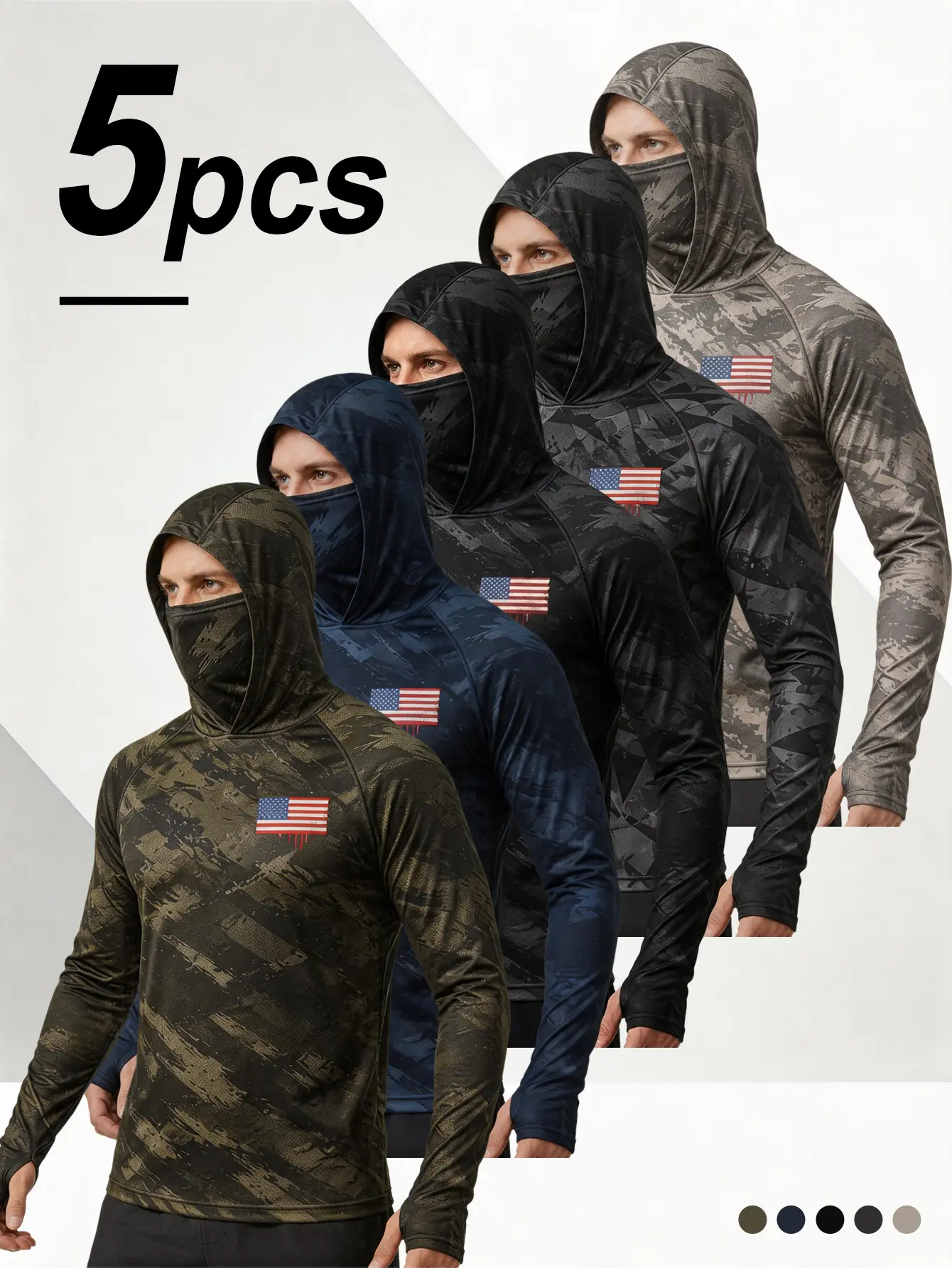 5PCS Men’s Camouflage Hoodies, UPF 50 UV Protection, Long Sleeve Shirts with Integrated Face Mask, Quick-Dry Stretch, for Fishing, Hunting, Outdoor Activities, American Flag,travel essentials,camping essentials tiktokshopbacktoschool