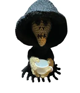 Bookshelf Buddy - Bookshelf Decoration - Plush Grim Reaper with Tea Cup - Suriel - ACOTAR - Romantasy - BookTok Gift - Book Bestie Gift - Halloween Decoration - Gift for SJM Fans - Crochet Handmade Creepy Hooded Figure - Spooky Season - Summerween