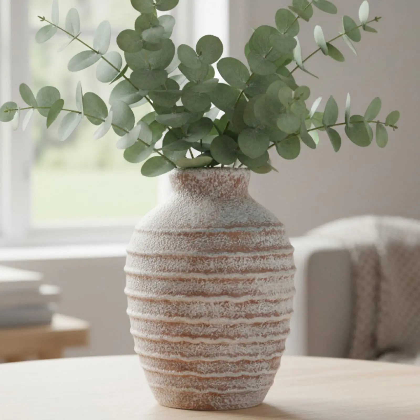 【Summer Deal】6.9in Sand Beige Ribbed Textured Ceramic Vase - Decorative, Artistic Sculptural, Minimalist Rustic Farmhouse Handcrafted Pottery, Home Decor Gift for Table Centerpiece or Pampas Grass Display, Decorative Vases, Ceramic Vases